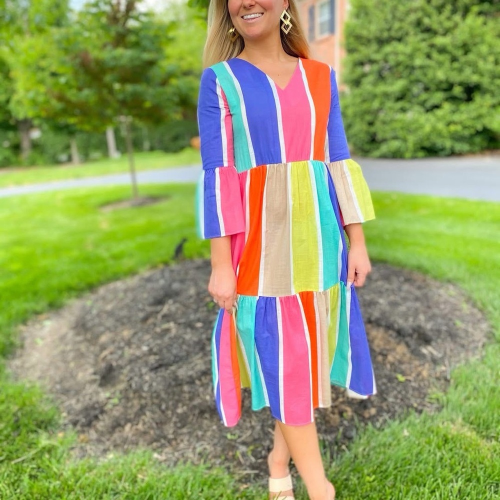 Vilagallo Rainbow Stripe Tiered Midi Dress XL | Cotton Boho Resort Bell Sleeve